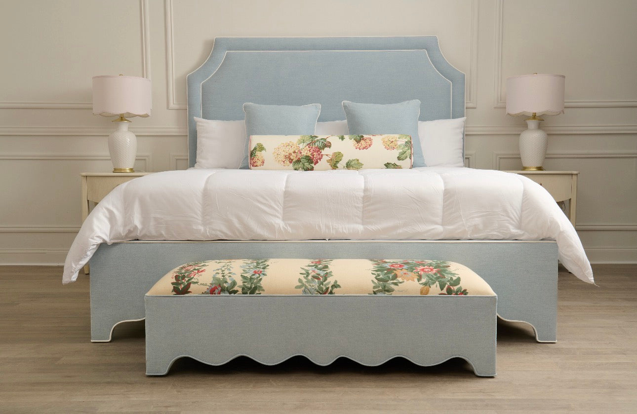 The Addison King Platform Bed - Scalloped Legs - Sky Blue Woven Fabric with White Trim