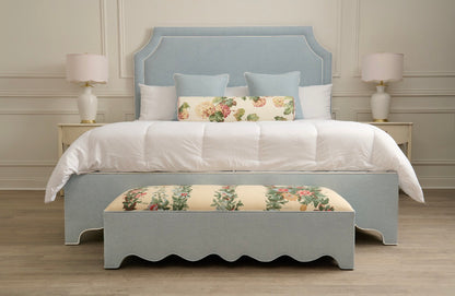 The Addison King Platform Bed - Scalloped Legs - Sky Blue Woven Fabric with White Trim