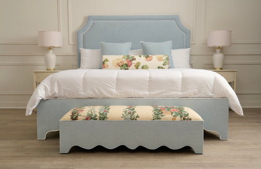 The Addison King Platform Bed - Scalloped Legs - Sky Blue Woven Fabric with White Trim