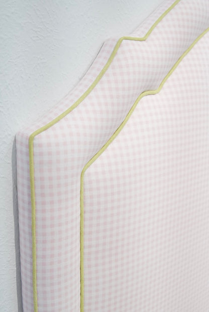 65" H Queen Upholstered Platform Bed - Brown Wooden Legs - Bella Pink Gingham Fabric with Pear Green Trim