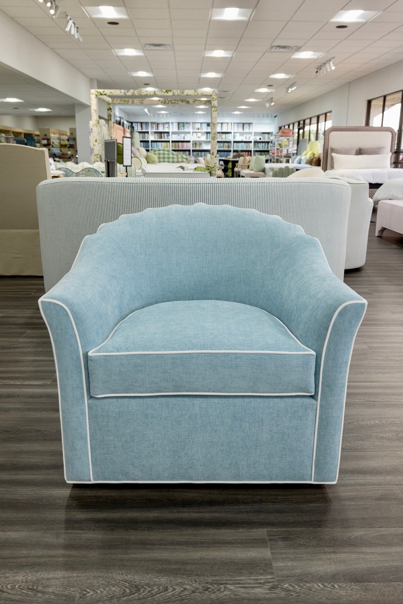 The Teresa Swivel Chair: Seafoam Blue Performance Fabric - White Trim