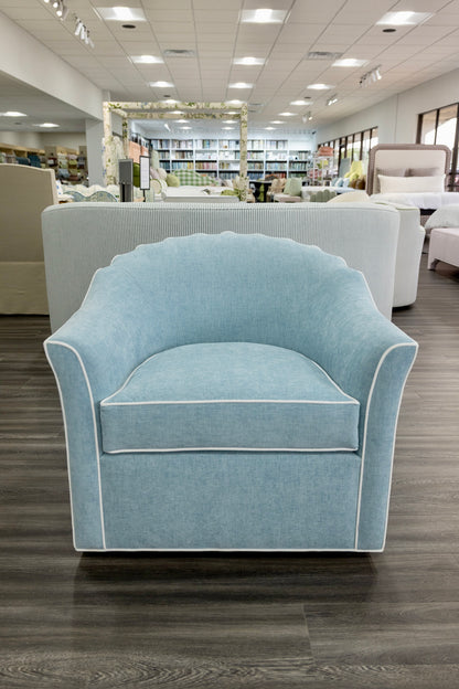 The Teresa Swivel Chair: Seafoam Blue Performance Fabric - White Trim