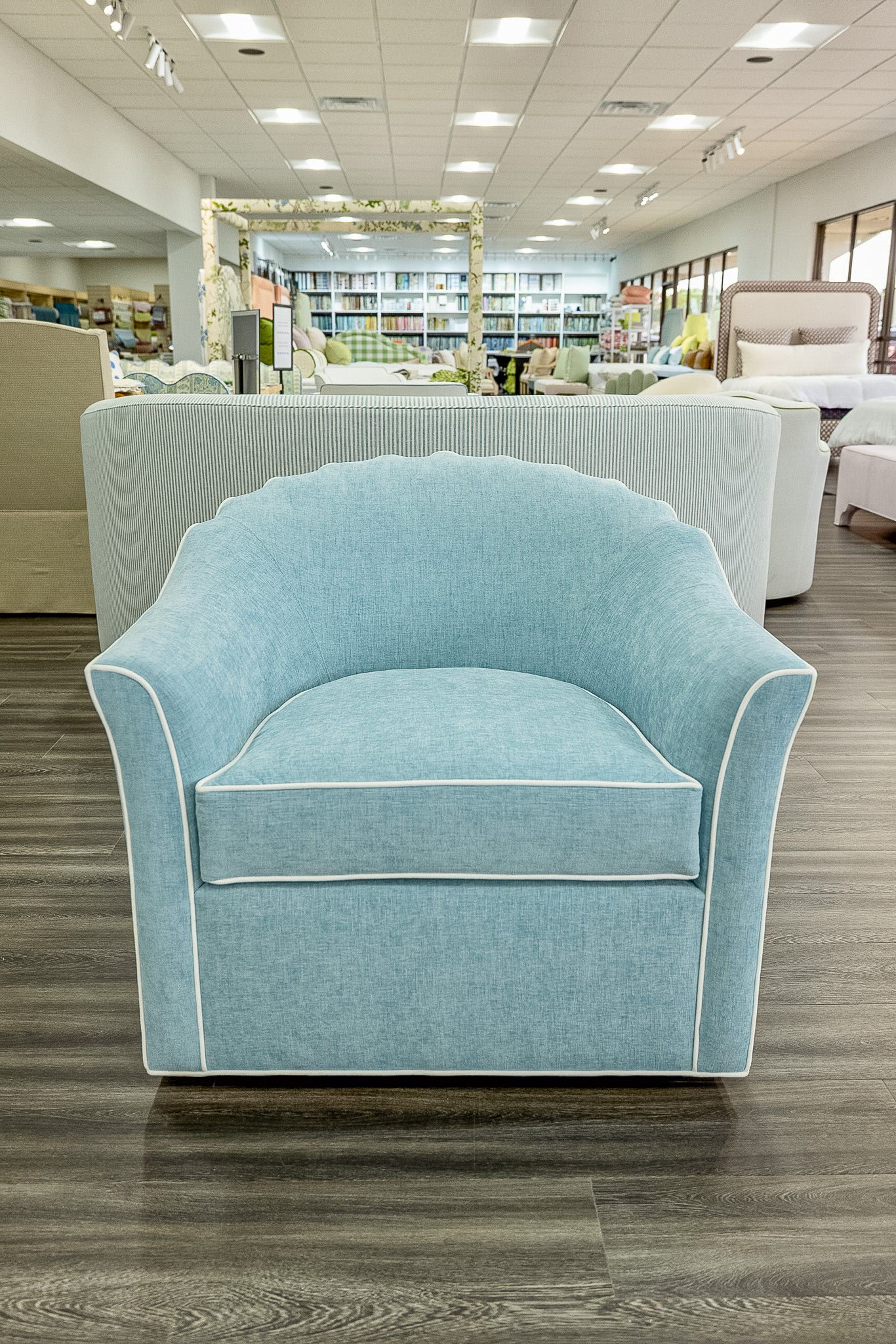 The Teresa Swivel Chair: Seafoam Blue Performance Fabric - White Trim