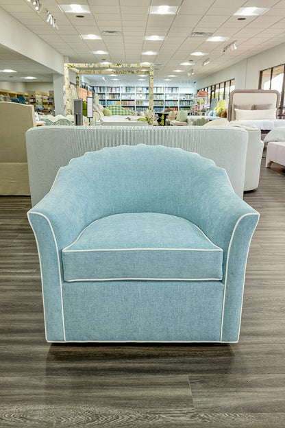 The Teresa Swivel Chair: Seafoam Blue Performance Fabric - White Trim