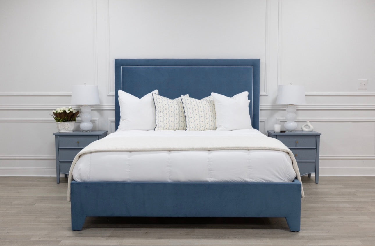 The Jacob King Bed - Upholstered Legs - Ocean Blue Performance Velvet Fabric - White Trim