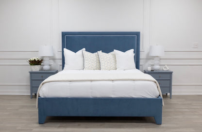 The Jacob King Bed - Upholstered Legs - Ocean Blue Performance Velvet Fabric - White Trim