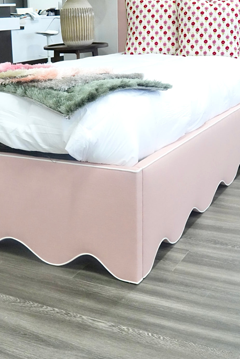 60”H Twin Scalloped Platform Bed in our Blush Pink Linen - White Trim