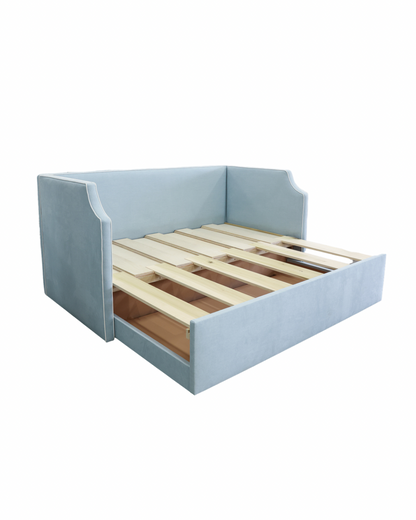 Twin to king Upholstered Trundle Daybed in Sky Blue Woven fabric - White Trim