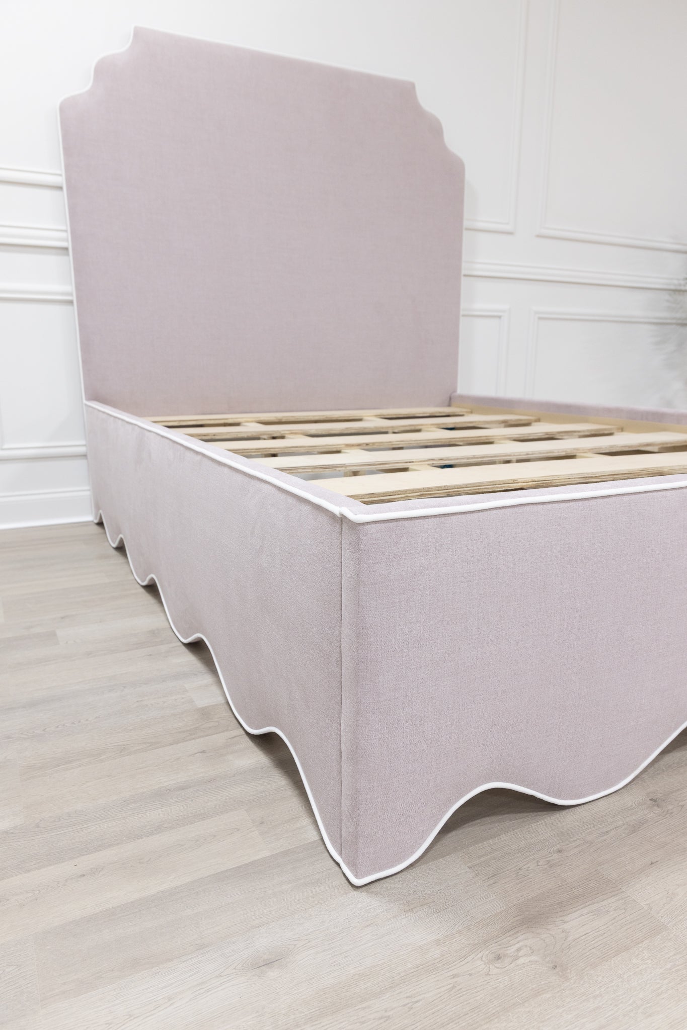 The Helena Queen Bed - Scalloped Base - Lilac Woven Fabric - White Trim