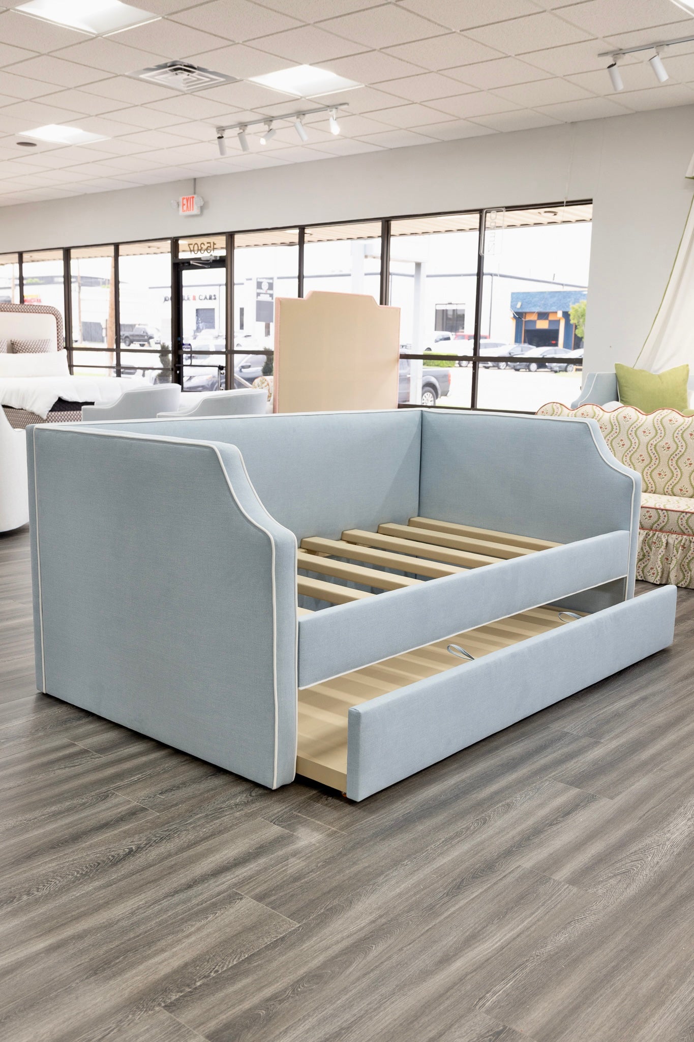 The Addison Twin Trundle Daybed - Sky Blue Woven Fabric - White Trim