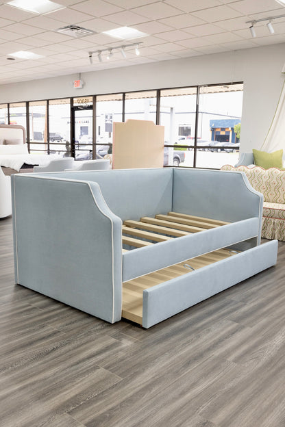 The Addison Twin Trundle Daybed - Sky Blue Woven Fabric - White Trim