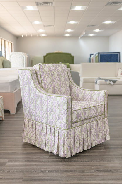The Camille Glider Chair – Colette  Lavender Fabric - Pistachio Green Trim