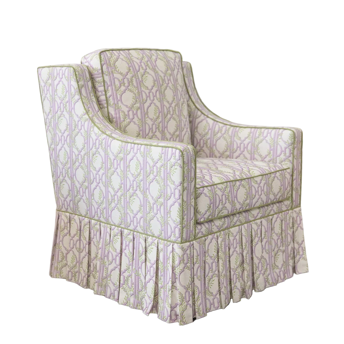 The Camille Glider Chair – Colette  Lavender Fabric - Pistachio Green Trim