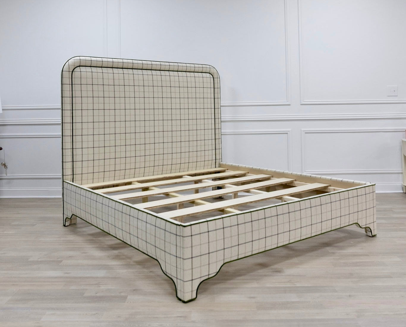 The Lorraine King Bed - Scalloped Legs - Performance Cream Plaid Fabric - Green Trim