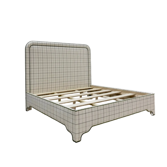 The Lorraine King Bed - Scalloped Legs - Performance Cream Plaid Fabric - Green Trim
