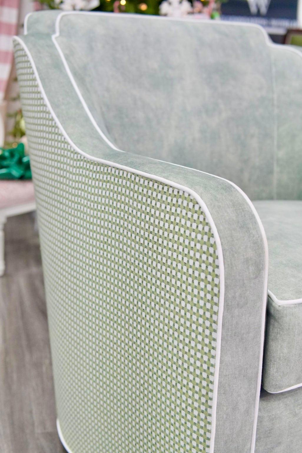 Custom Rachel Scalloped Swivel Chair: Thibaut Darcy Fabric