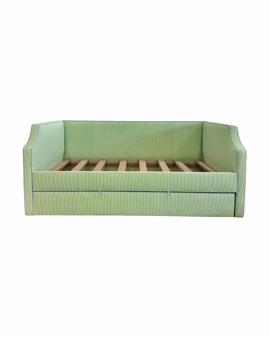 Twin Trundle Daybed - Striped Green Fabric - Sky Blue Trim