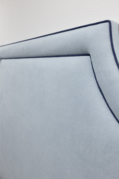 The Addison Queen Headboard - Sky Blue Fabric - Navy Trim