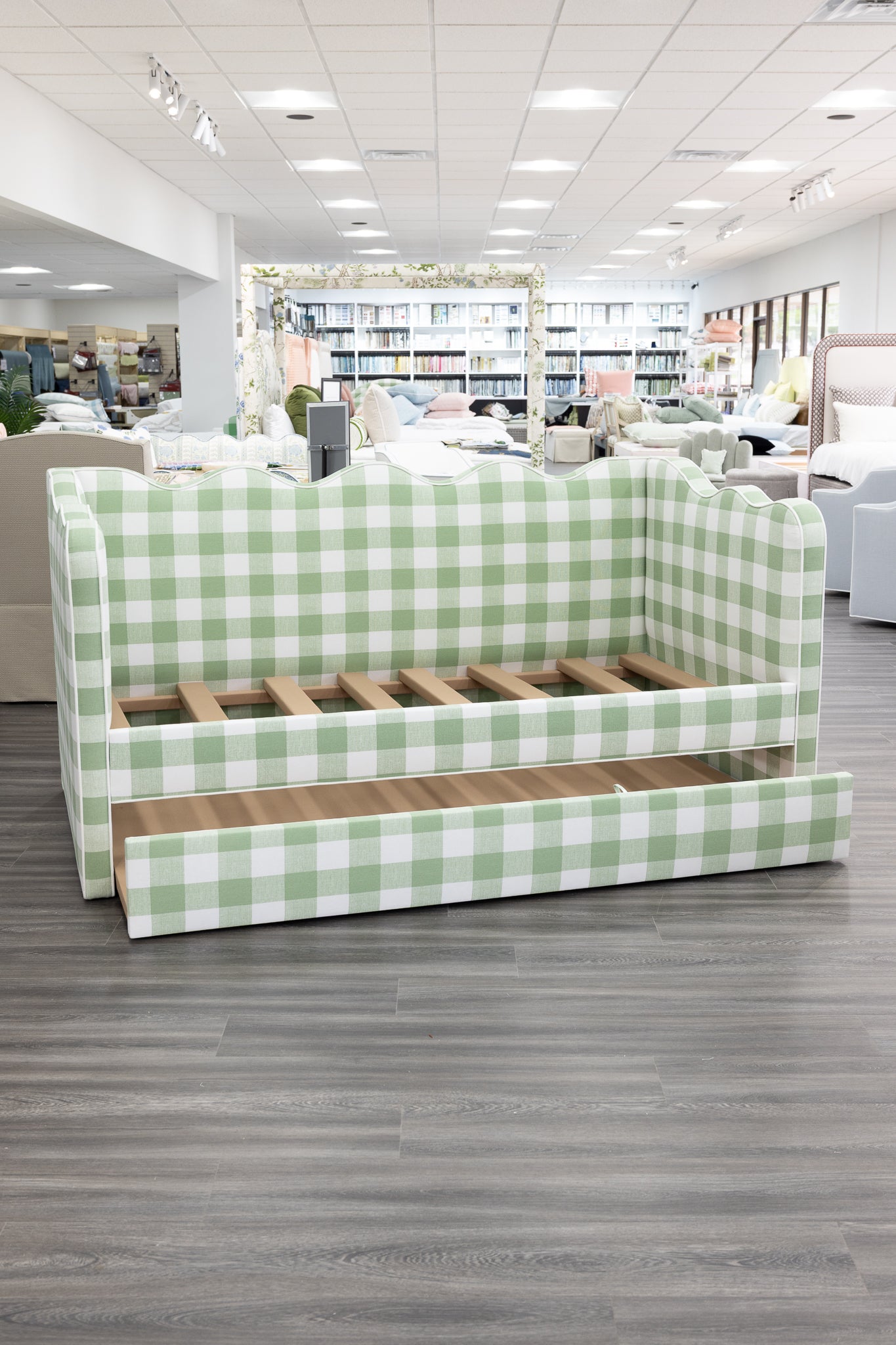 The Waverly Twin Trundle Daybed - Scalloped - Buffalo Sage Green Fabric - White Trim