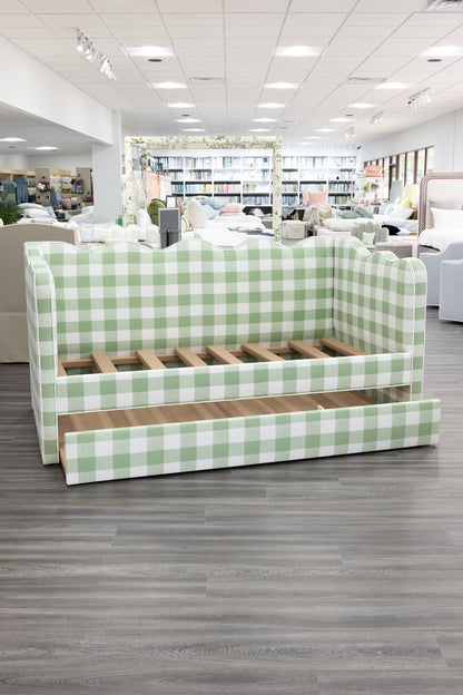 The Waverly Twin Trundle Daybed - Scalloped - Buffalo Sage Green Fabric - White Trim