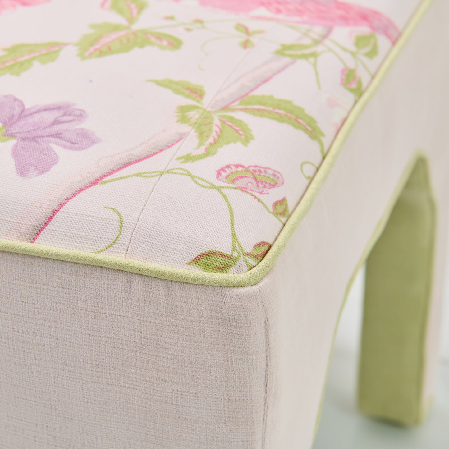 Custom Upholstered Bench in Floral Fabric - Pear Green Trim