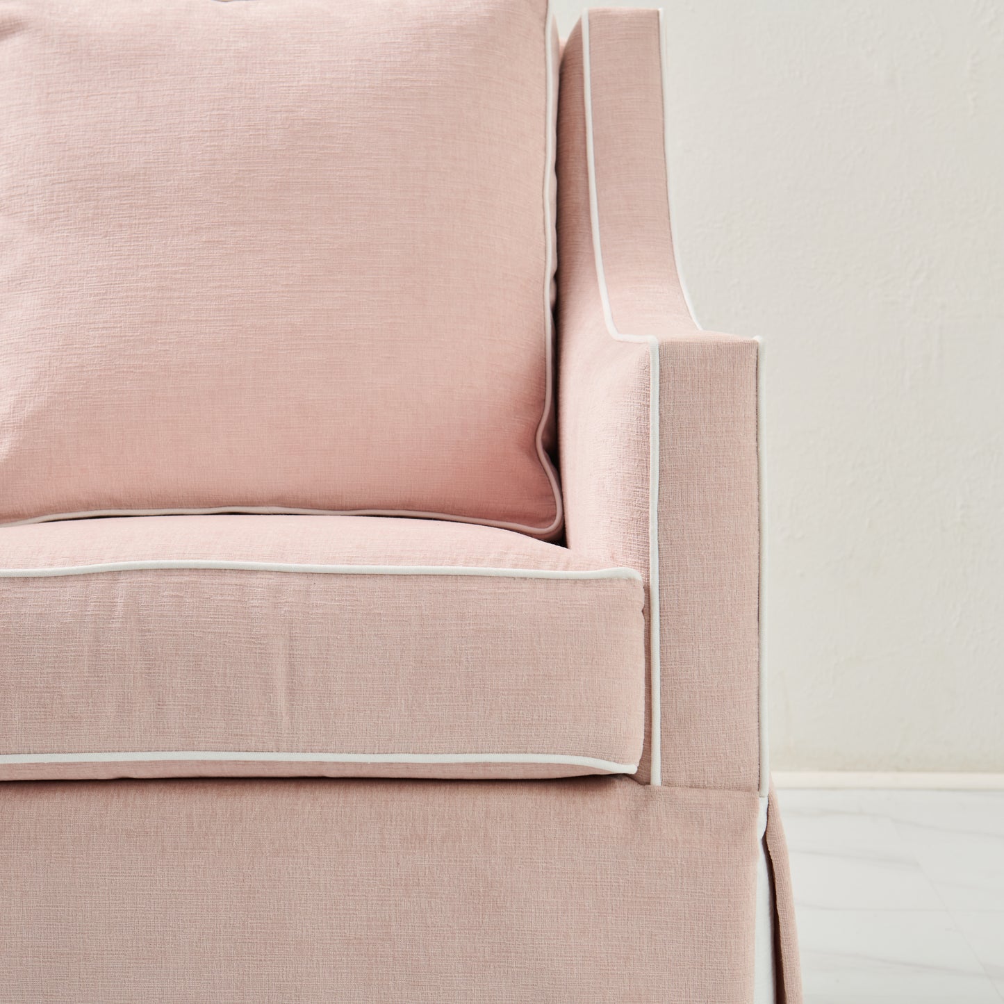 Custom Swivel Glider Chair – Performance Light Pink Chenille Fabric with White Trim