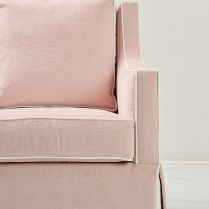 Custom Swivel Glider Chair – Performance Light Pink Chenille Fabric with White Trim