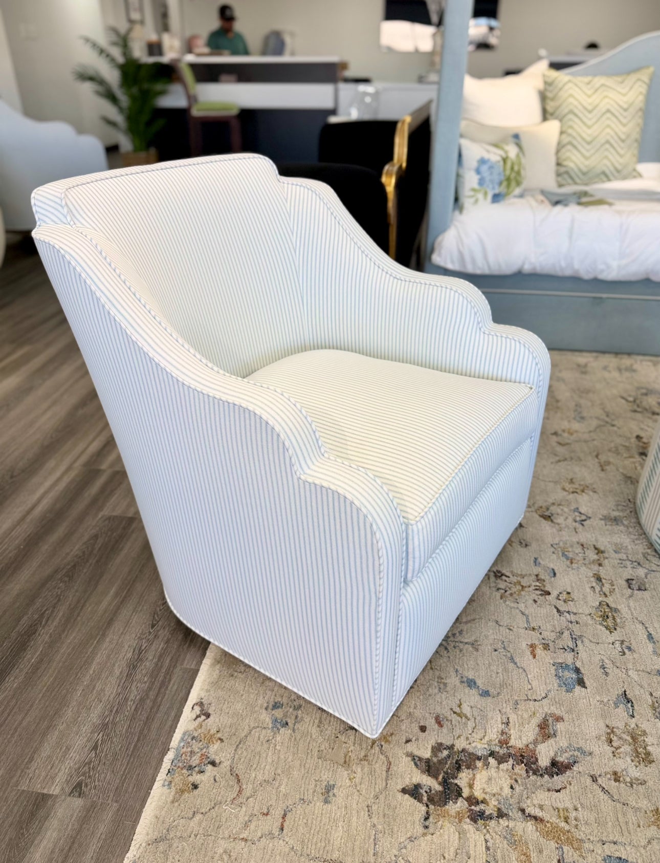 Custom Scalloped Swivel Chair: Classic Blue Stripe Fabric