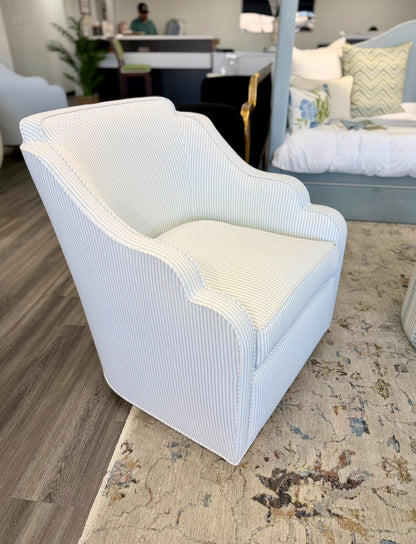 Custom Scalloped Swivel Chair: Classic Blue Stripe Fabric