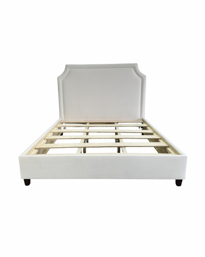 65" H King Platform Bed - Wooden Legs - Oatmeal Woven Fabric - White Welted