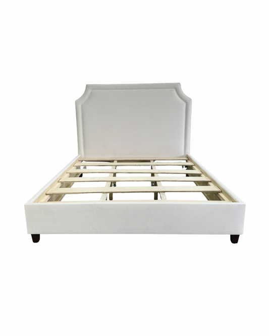 65" H King Platform Bed - Wooden Legs - Oatmeal Woven Fabric - White Welted
