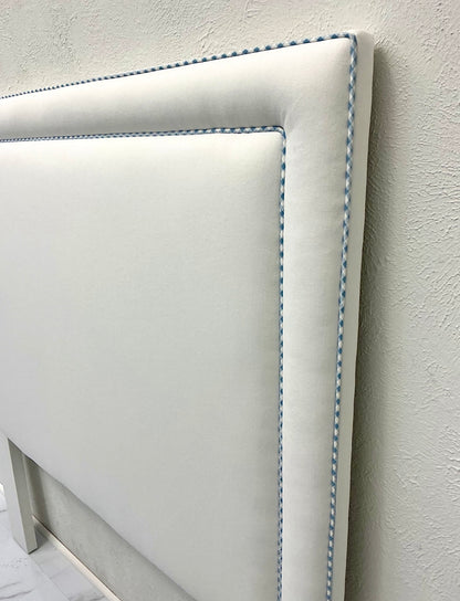 60" H Full Headboard in White Linen - Blue Gingham Trim