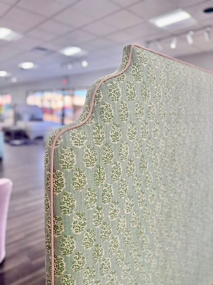 65”H Queen Platform Upholstered Bed - Perry Green Polyester Fabric - Pink Trim