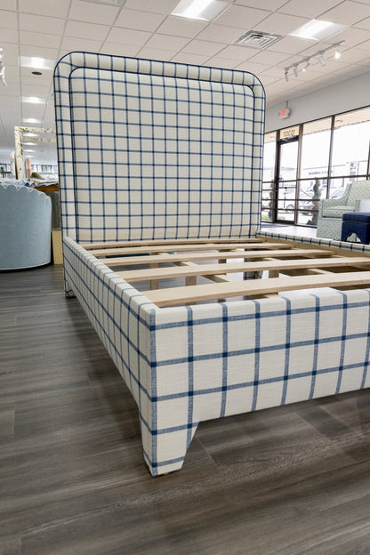 The Lorraine Queen Platform Bed in Navy Plaid Fabric - Navy Trim