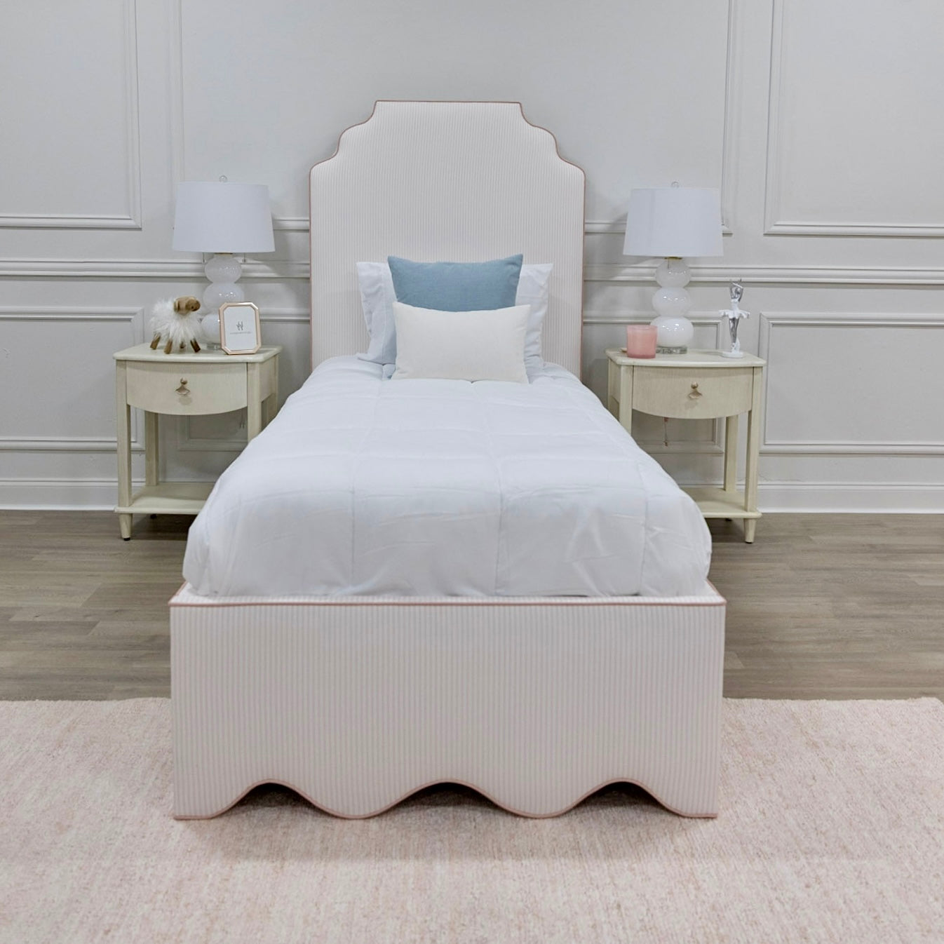 The Helena Twin Bed - Scalloped Base - Classic Ticking Pink Fabric - Pink Trim