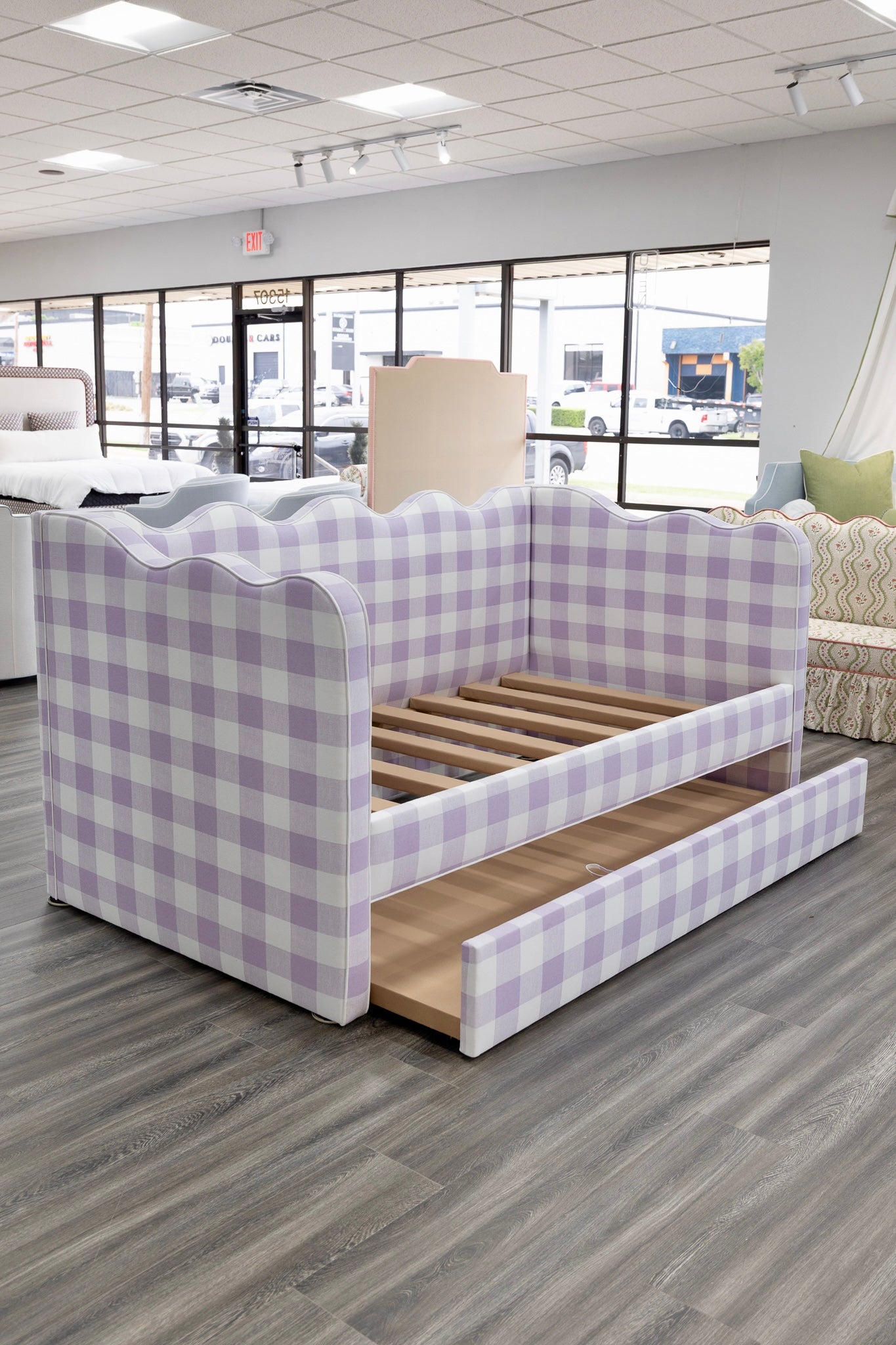 The Waverly Twin Trundle Daybed  - Buffalo Orchid Fabric - White Trim