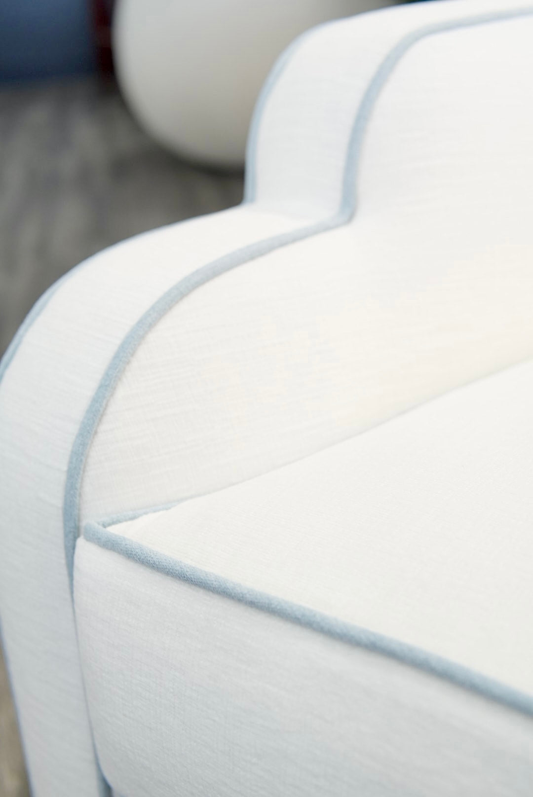 Custom Scalloped Swivel Chair: White Performance Fabric - Sky Blue Trim