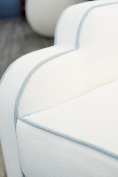 Custom Scalloped Swivel Chair: White Performance Fabric - Sky Blue Trim