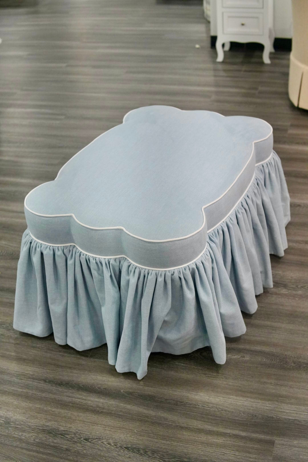 Cloud-Style Skirted Ottoman – Sky Blue Fabric & White Trim