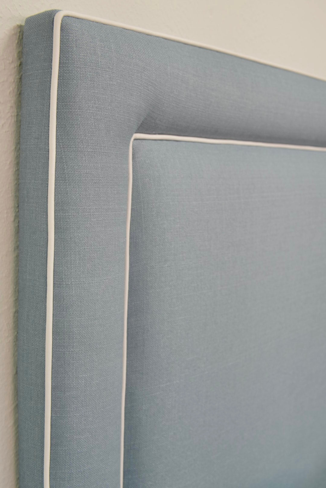65”H Queen Headboard only - Blue Linen Fabric- White Trim