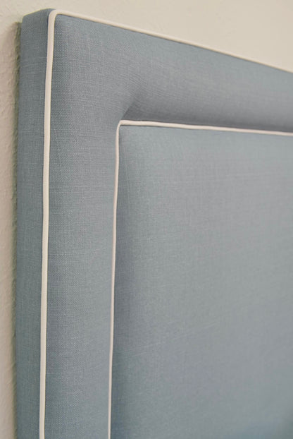 65”H Queen Headboard only - Blue Linen Fabric- White Trim