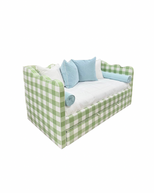 Twin Trundle Daybed - Scalloped - Buffalo Sage Green Checkered Fabric with White Trim