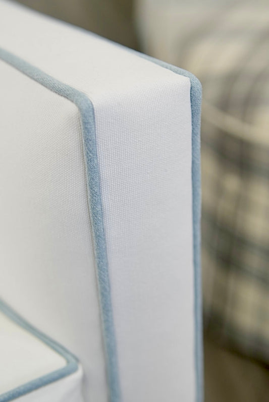 Custom Swivel Glider Chair – White Linen with Sky Blue Trim