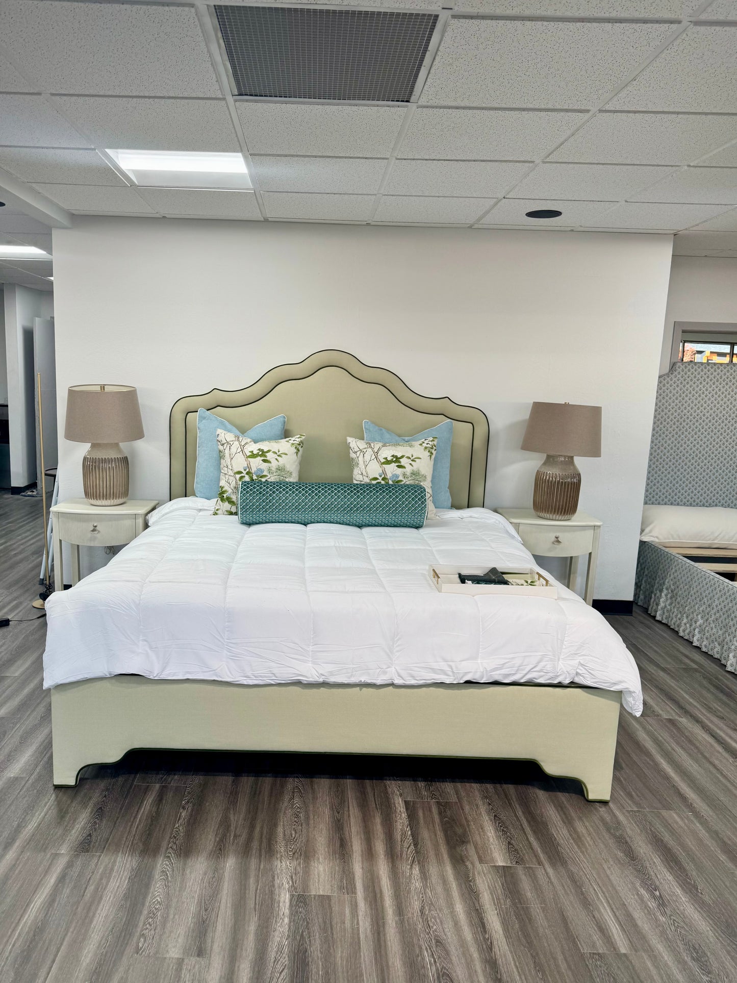 65"H King Bed  - Pale Sage Green Linen Fabric with Olive Green Velvet Trim