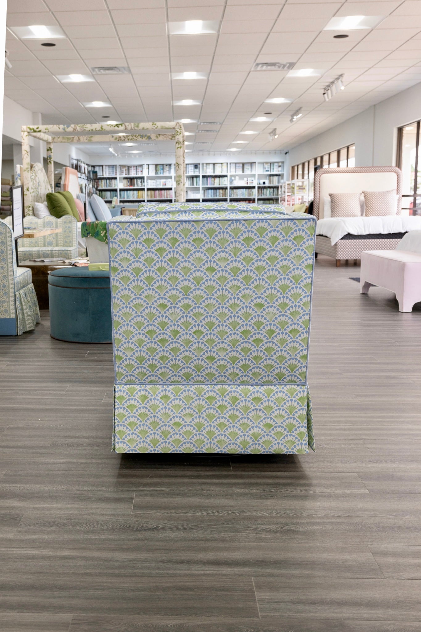 Custom Swivel Glider Chair – Floral Green / Blue Fabric with Blue Trim