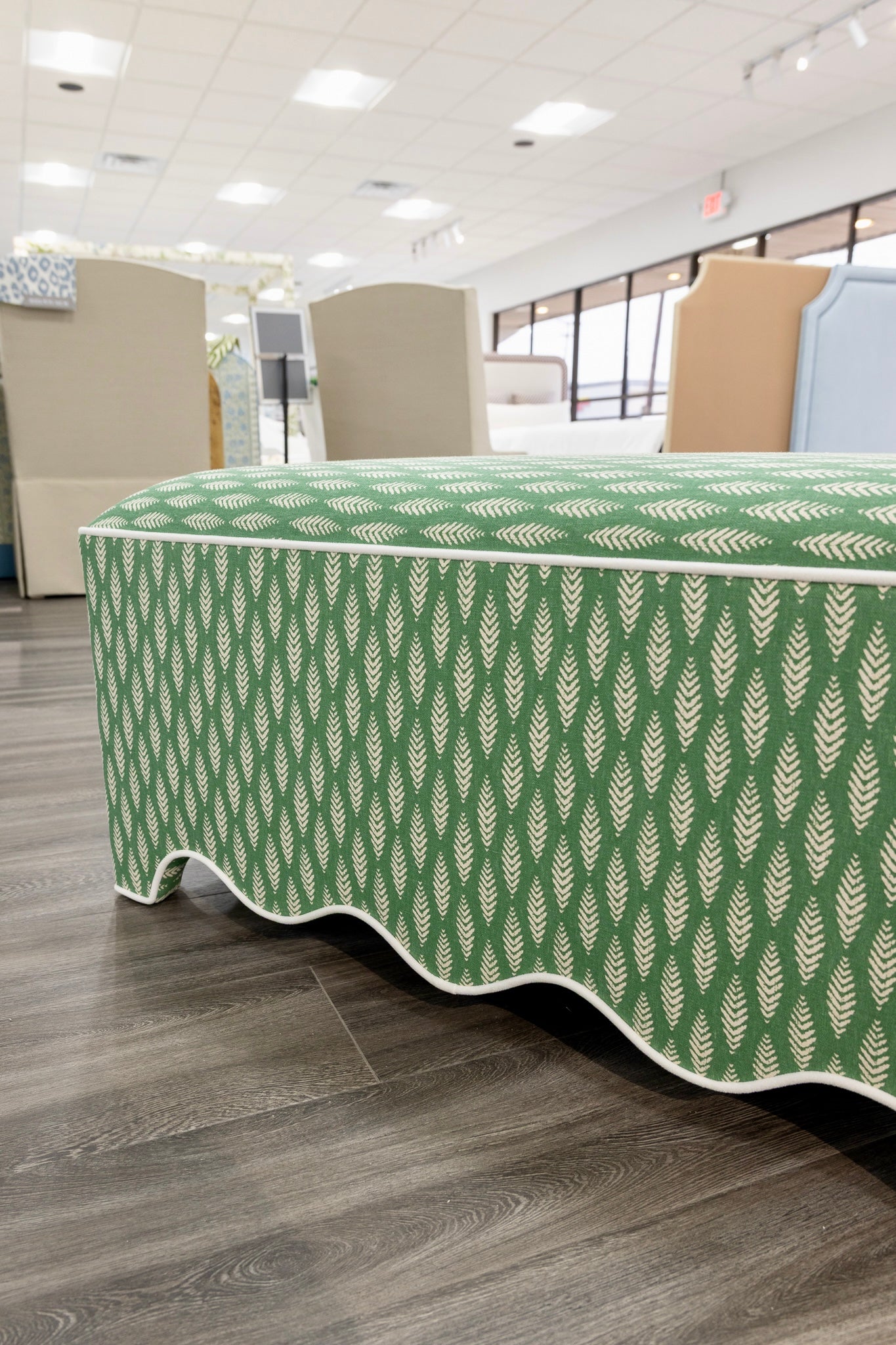 Scalloped ottoman - Floral Green with White Piping