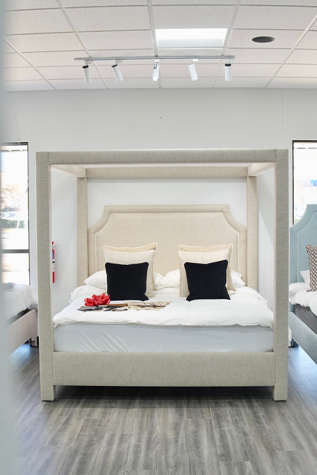 Classic Upholstered King Canopy Bed in Neutral Linen