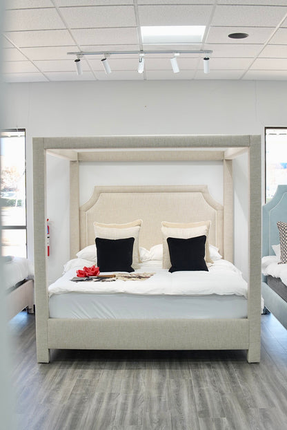 Classic Upholstered King Canopy Bed in Neutral Linen