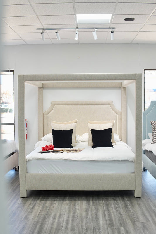 Classic Upholstered King Canopy Bed in Neutral Linen