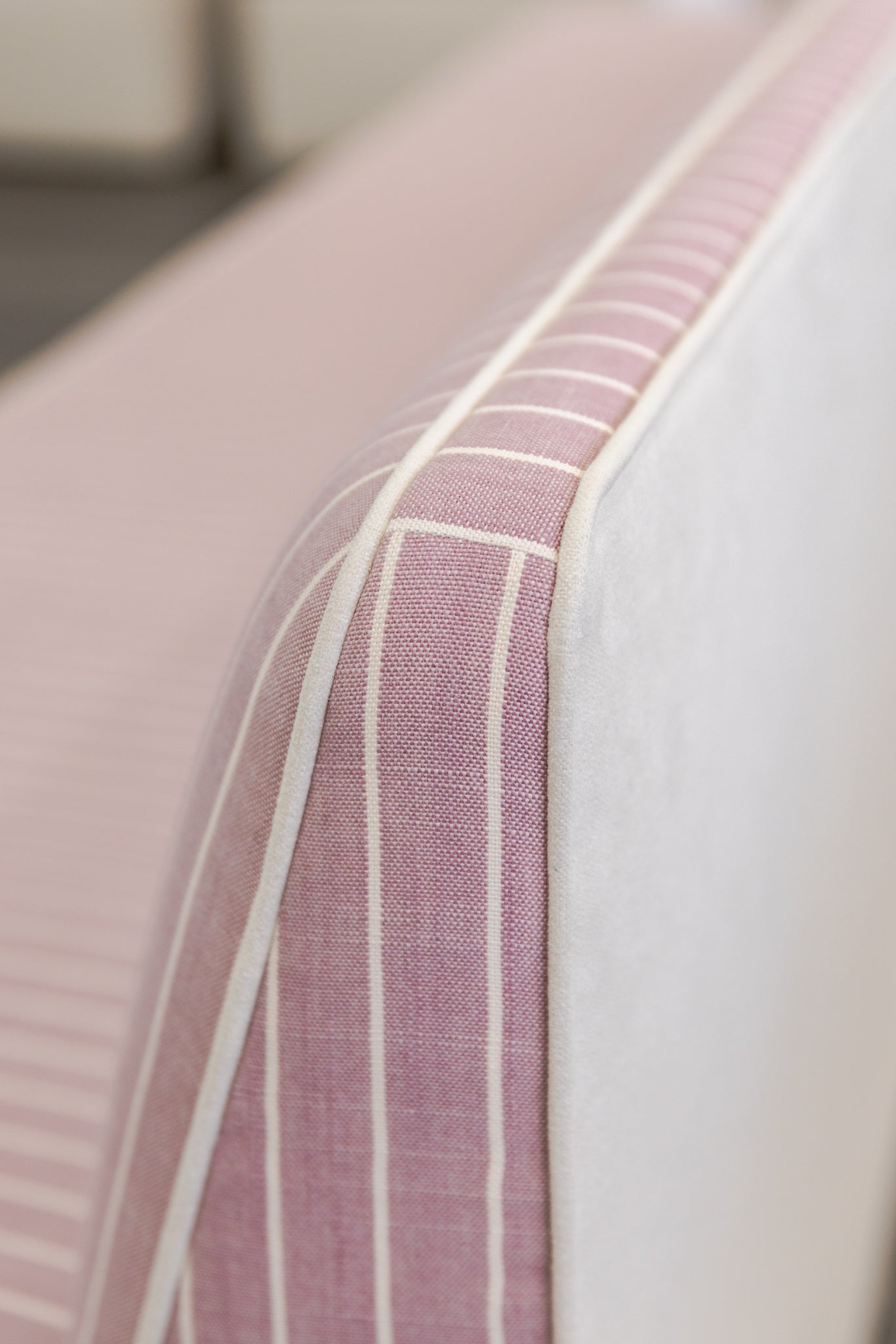 105"L Custom Scalloped Banquette - Lavender Striped Fabric, White Piping